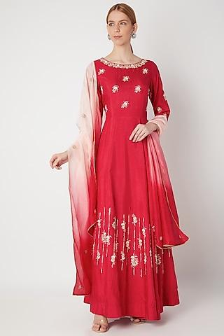 red embroidered anarkali gown with dupatta