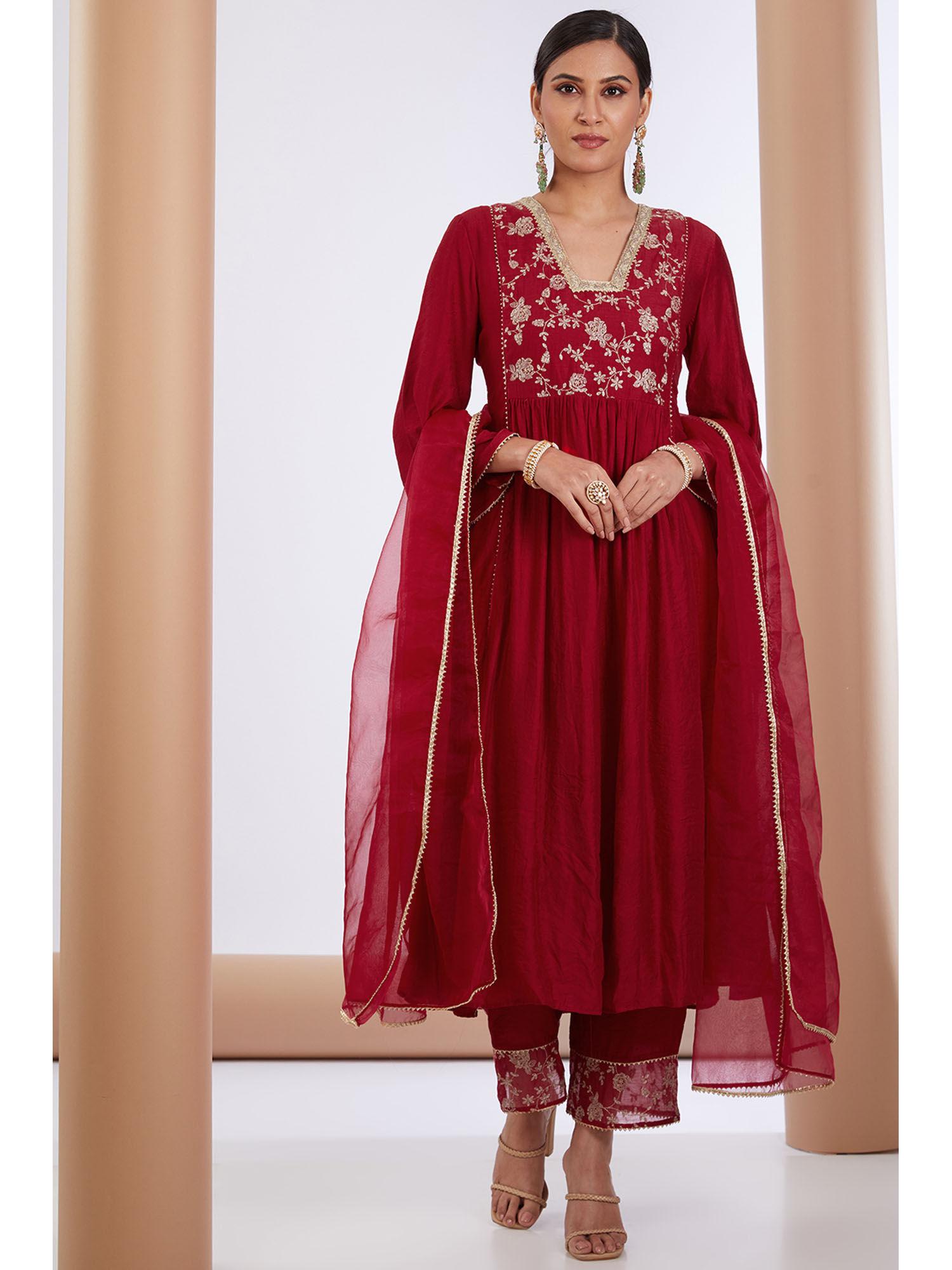 red embroidered anarkali kurta pant & dupatta (set of 3)