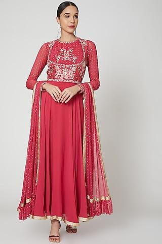 red embroidered anarkali set with belt