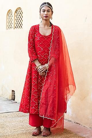 red embroidered anarkali set