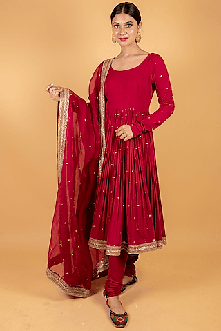 red embroidered anarkali set