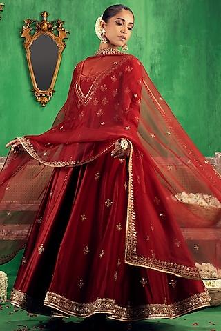 red embroidered anarkali set