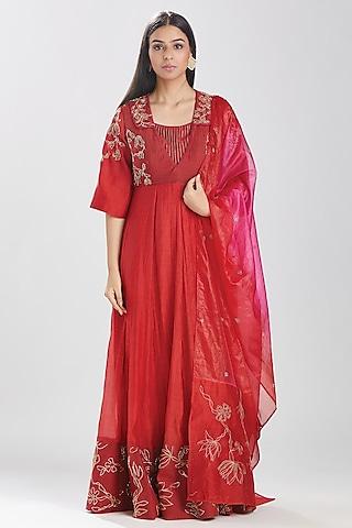 red embroidered anarkali set