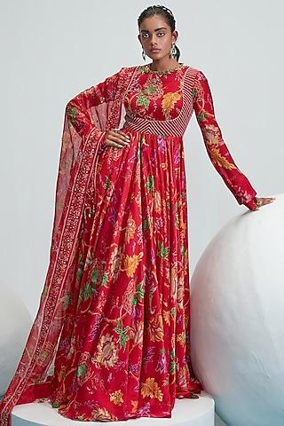 red embroidered anarkali set