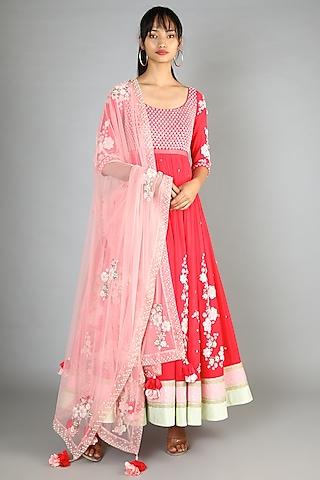 red embroidered anarkali set