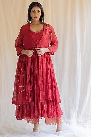 red embroidered anarkali set