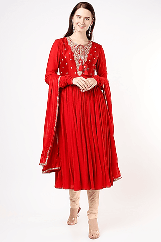 red embroidered anarkali set