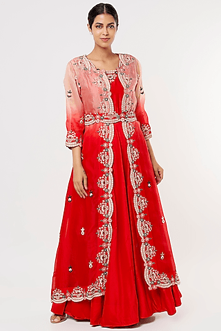 red embroidered anarkali set