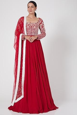 red embroidered anarkali set