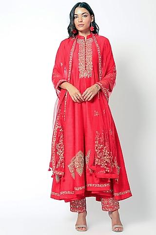 red embroidered anarkali set