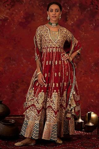 red embroidered anarkali set