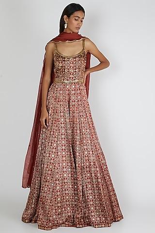 red embroidered anarkali set