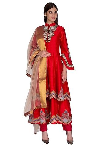 red embroidered anarkali set