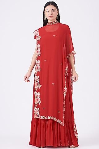 red embroidered anarkali with cape
