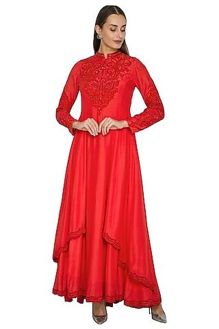 red embroidered anarkali with pants
