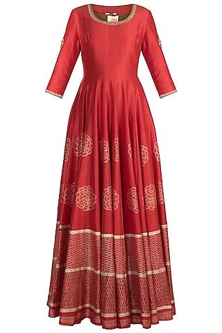 red embroidered anarkali with printed dupatta