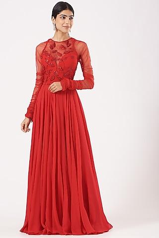 red embroidered anarkali