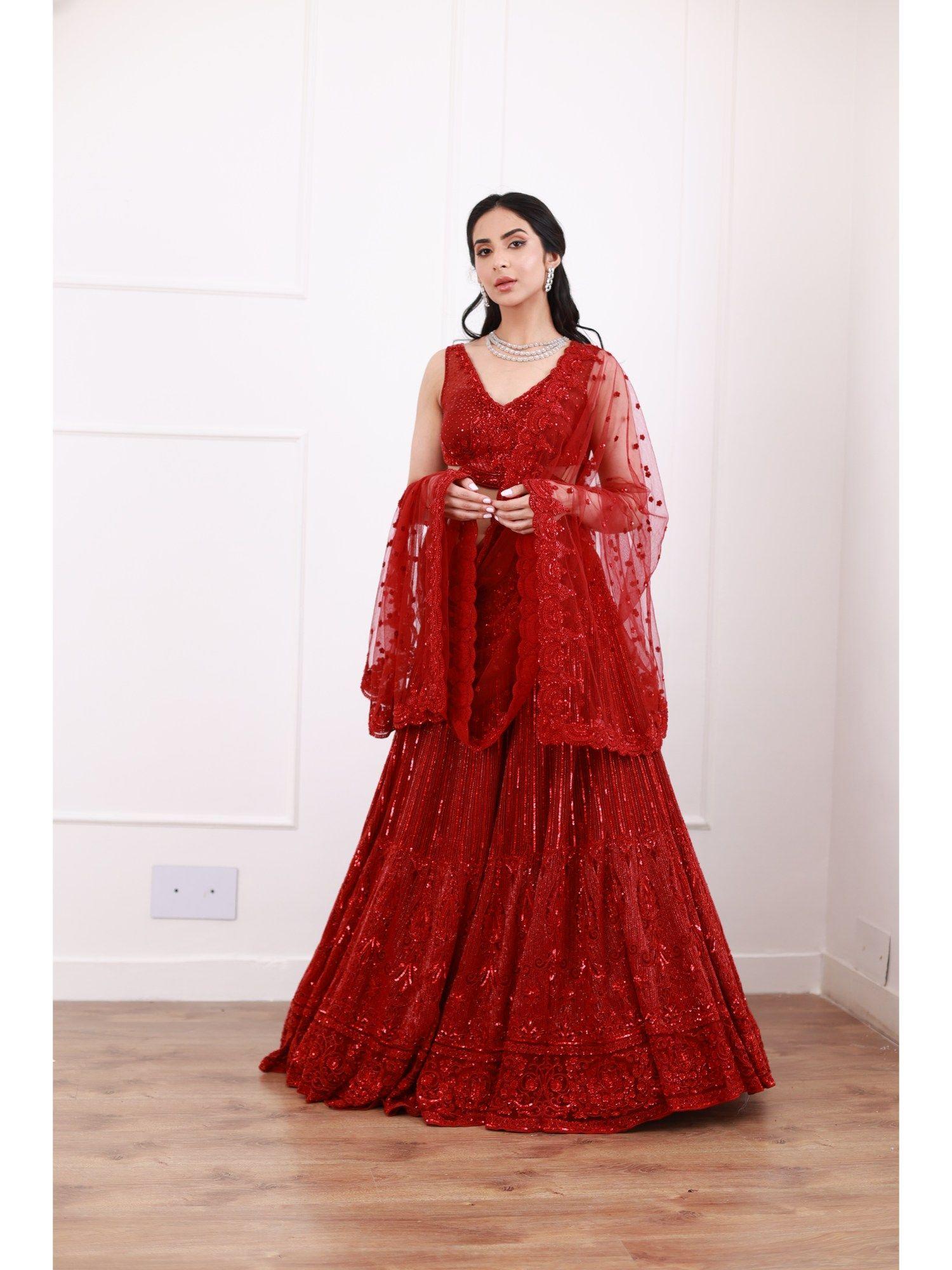 red embroidered and embellished lehenga with choli and dupatta (set of 3)