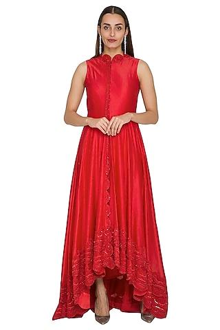 red embroidered asymmetric anarkali