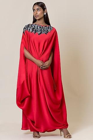 red embroidered asymmetric cowl tunic