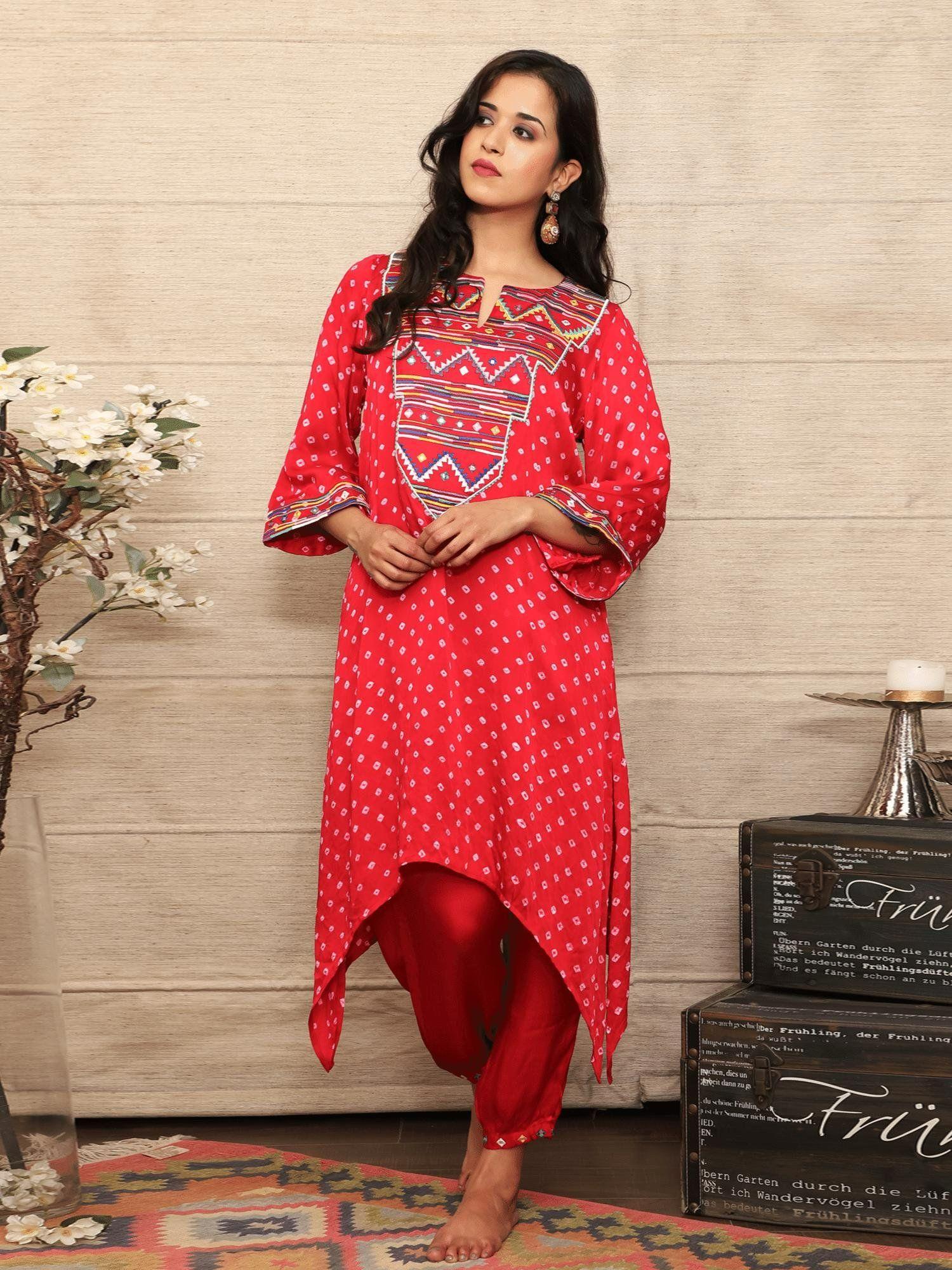 red embroidered bandhani co-ord (set of 2)