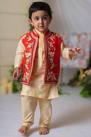 red embroidered bundi jacket with kurta set for boys