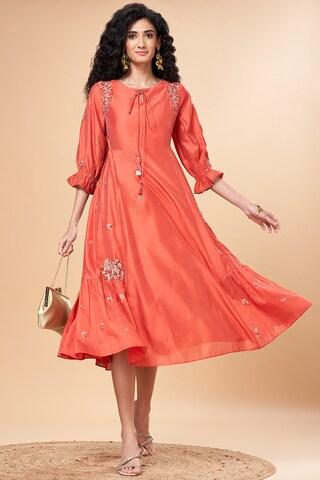 red embroidered calf length  ethnic women flared fit  dress