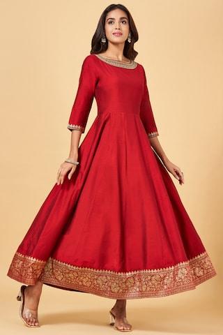 red embroidered calf-length  ethnic women regular fit  dress