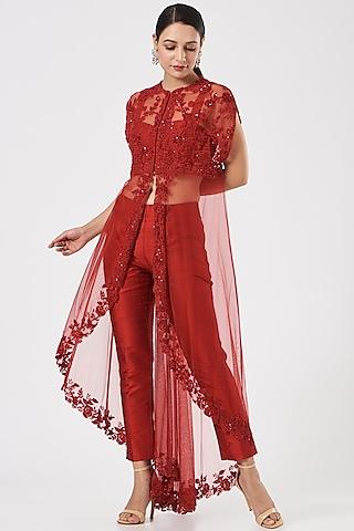 red embroidered cape set