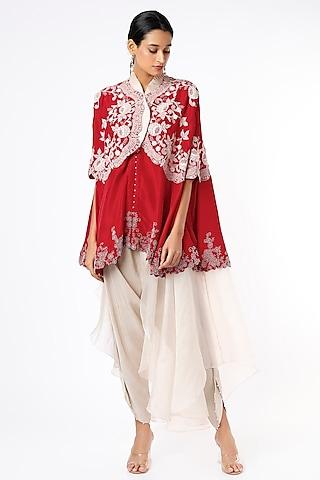 red embroidered cape set