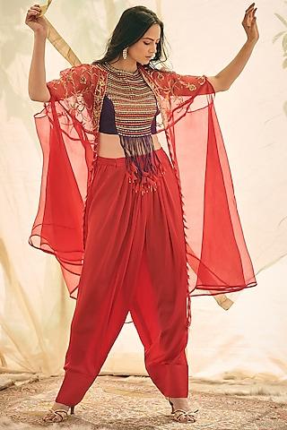 red embroidered cape set