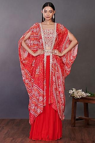 red embroidered cape set