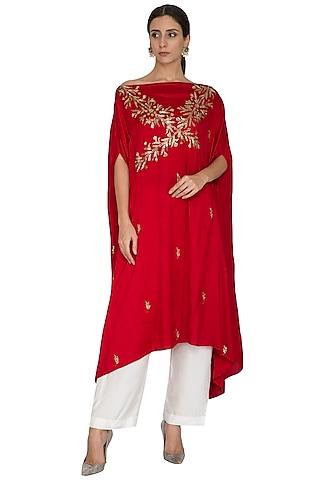 red embroidered cape with palazzo pants