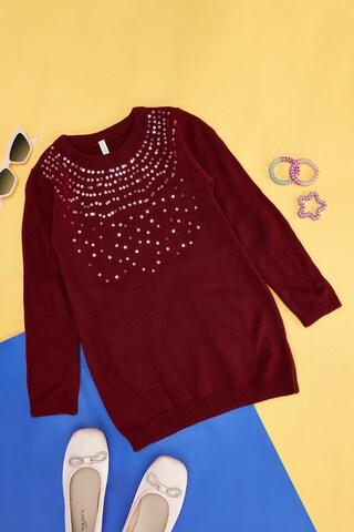 red embroidered casual full sleeves round neck girls regular fit sweater