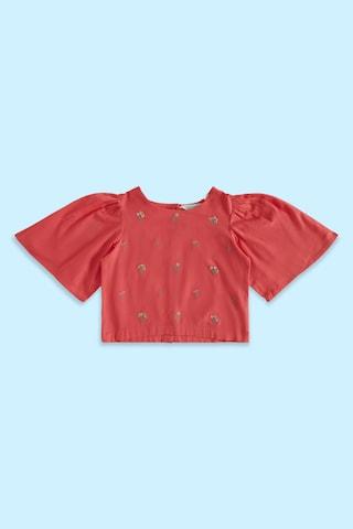red embroidered casual half sleeves round neck girls regular fit top