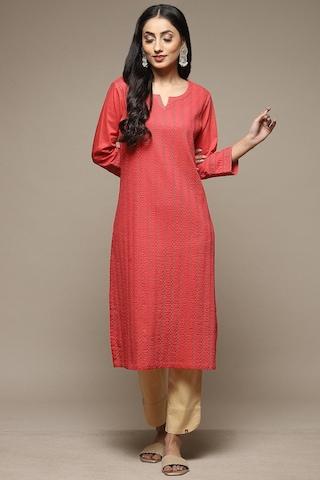 red embroidered casual round neck 3/4th sleeves women straight fit kurta