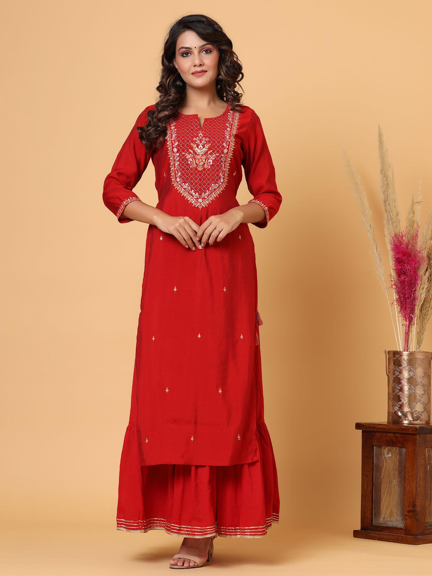 red embroidered chanderi kurta (set of 2)