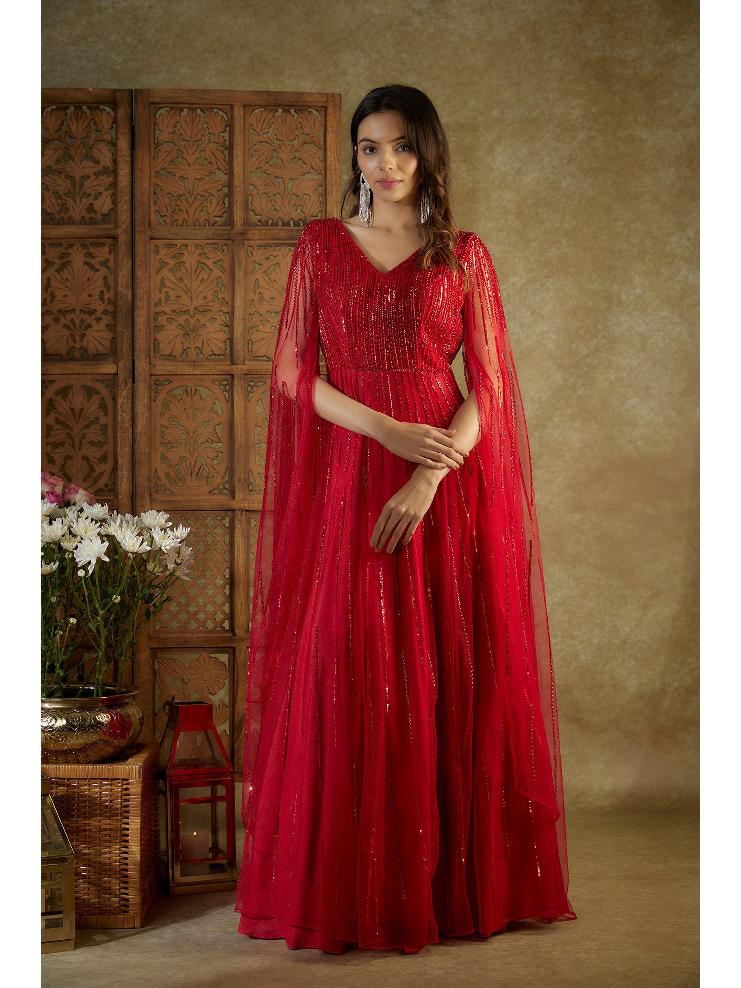 red embroidered cocktail gown with cape sleeves