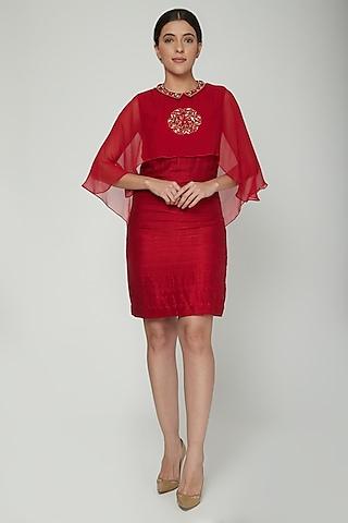 red embroidered collared dress with layer