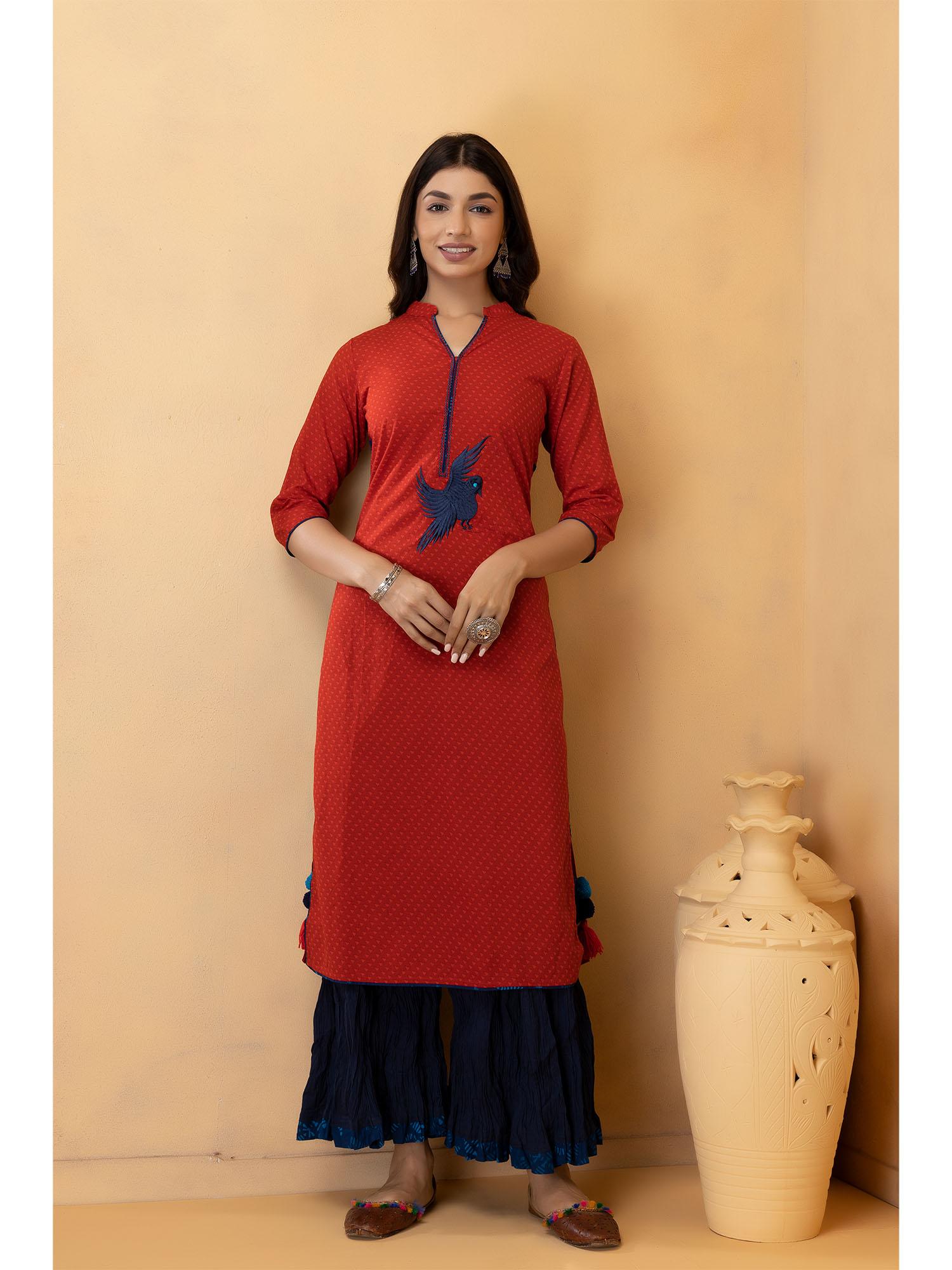 red embroidered cotton kurta