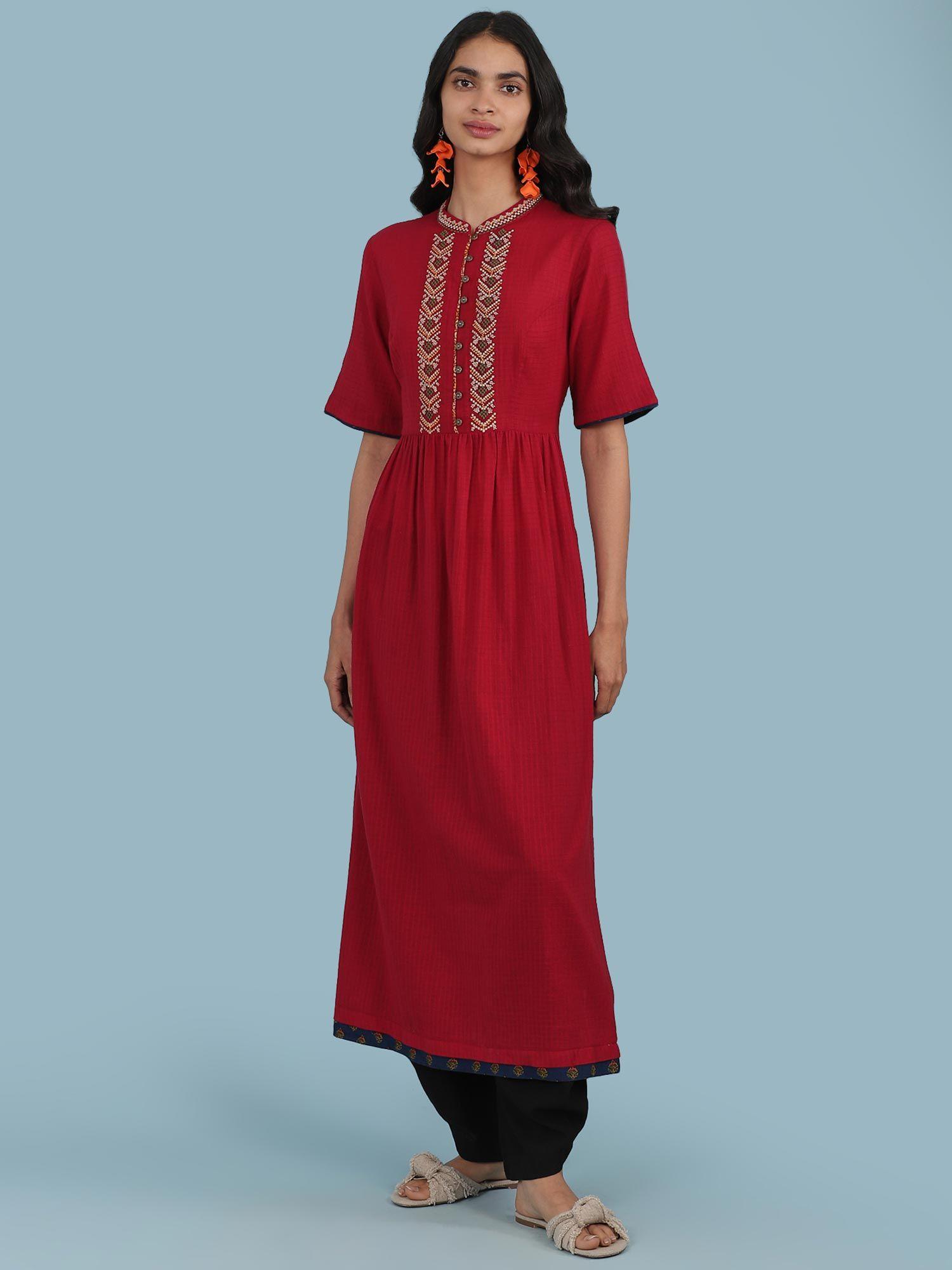 red embroidered cotton short sleeve kurta