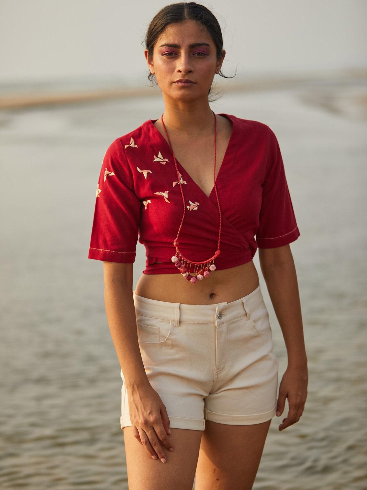 red embroidered crop top