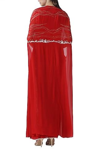 red embroidered drape saree with cape