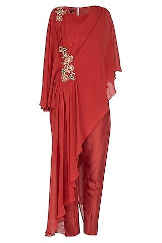 red embroidered drape tunic with pants