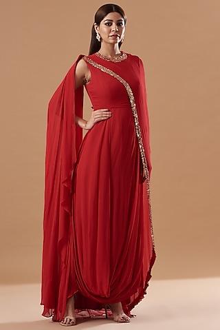 red embroidered draped dress