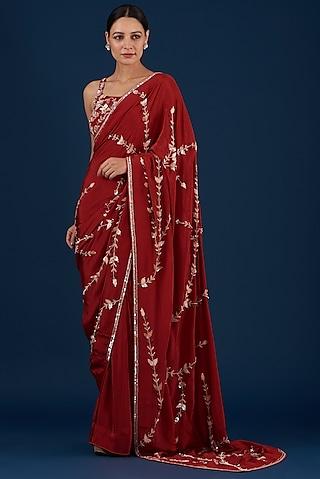 red embroidered draped saree set