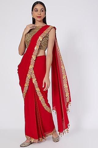 red embroidered draped saree