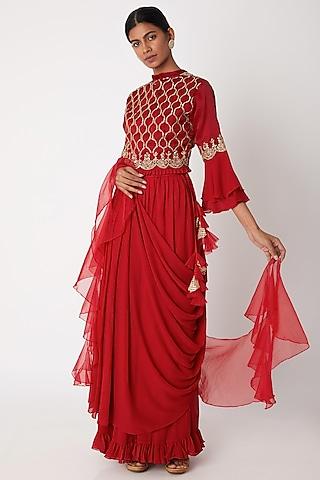red embroidered draped skirt set