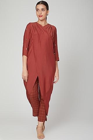 red embroidered draped tunic