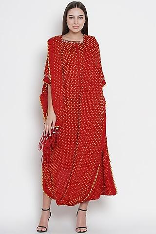 red embroidered draped tunic